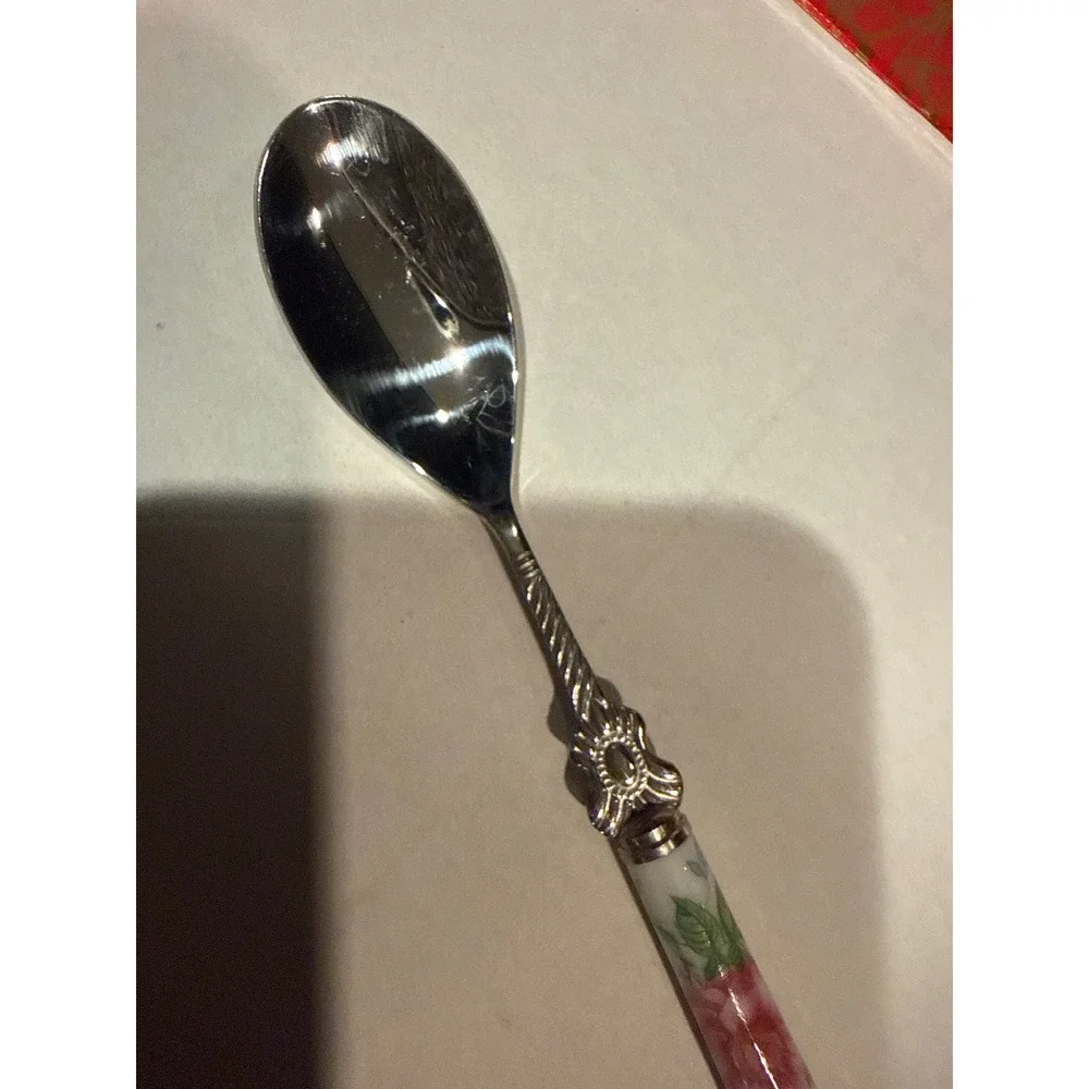 Vintage Floral Porcelain Handle Dessert Spoon and Fork Set 10pc Silver Tone Rose
